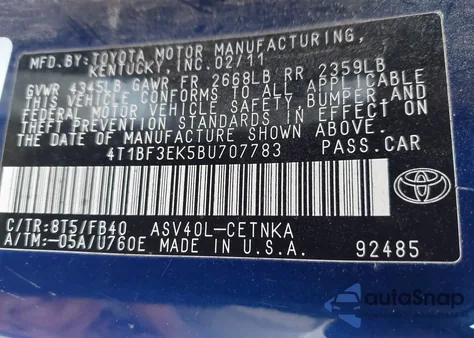 2011 Toyota Camry Le из США, поврежденный, VIN 4T1BF3EK5BU707783